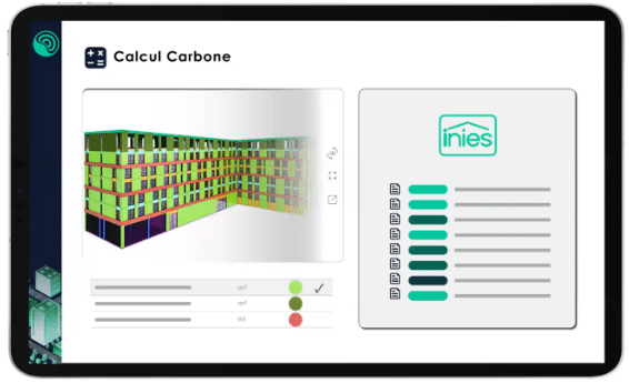 Capture d'écran montrant une maquette de bâtiment colorée sur la gauche et une interface de calcul carbone avec le logo INIES sur la droite, illustrant le processus d'évaluation de l'empreinte carbone pour un projet de construction BIM.