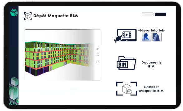 Image d'une interface utilisateur montrant une maquette BIM colorée à gauche et des icônes pour des tutoriels vidéo, des documents BIM et un outil de vérification de maquette à droite.