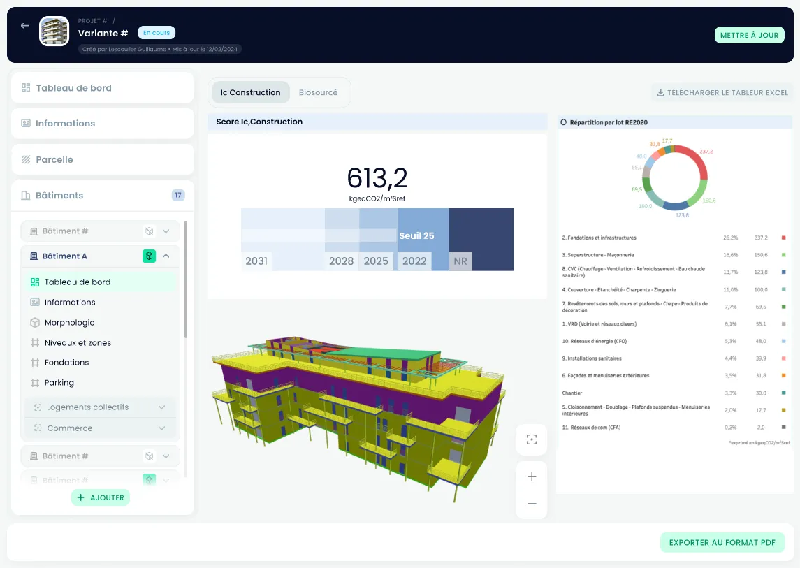 Tableau de bord Time To Beem : Ic construction et modèle 3D du bâtiment pour l'ACV RE2020