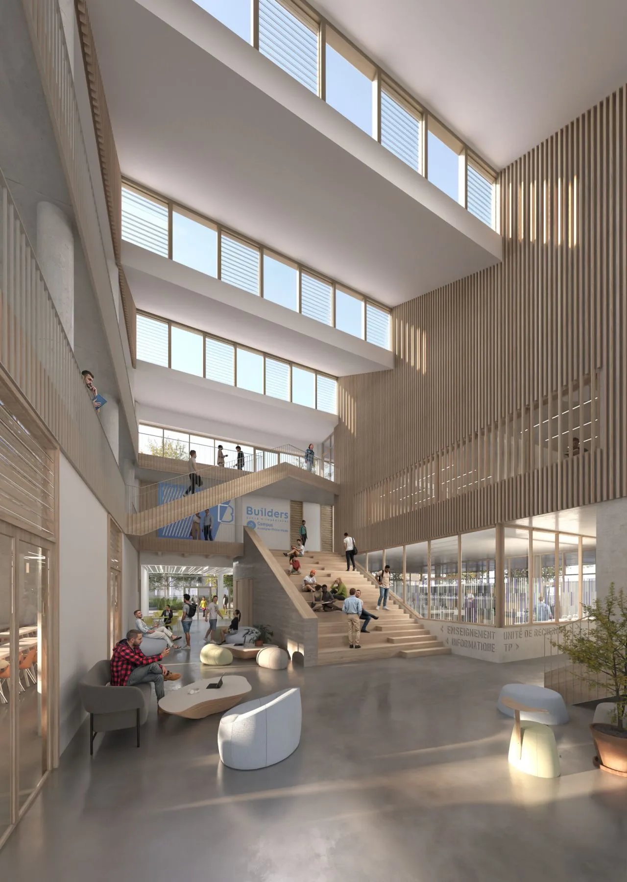 Hall intérieur en bois du projet Léon Grosse, lauréat du concours BUILDERS