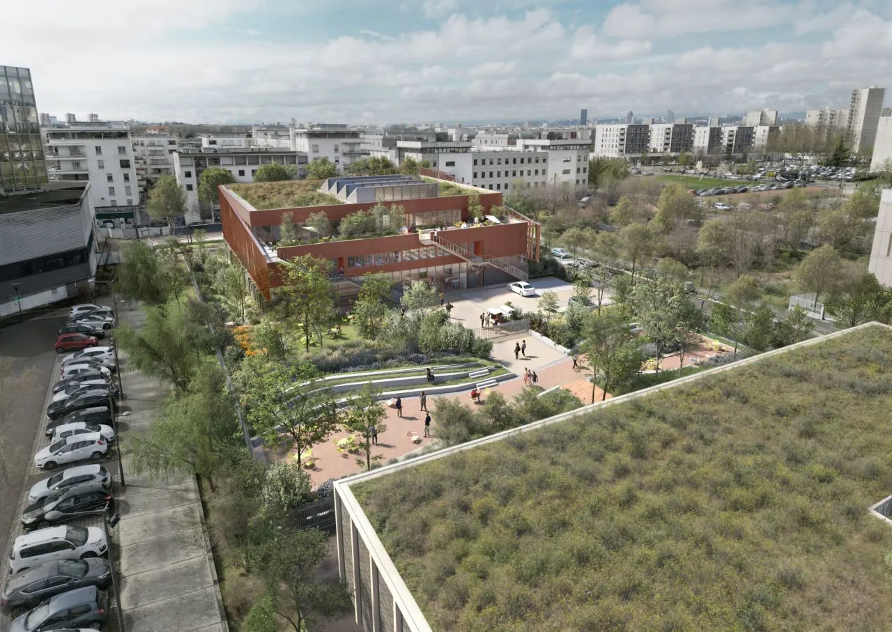 Vue du projet Léon Grosse et de ses toitures végétalisées, 12,3 % de carbone en moins