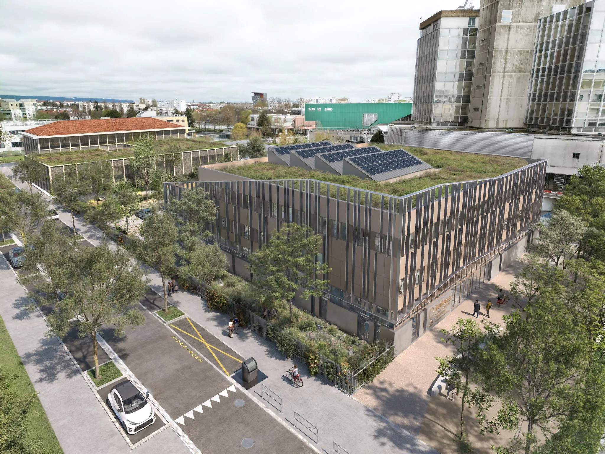 Vue aérienne du projet Léon Grosse avec toiture végétalisée, lauréat du concours BUILDERS