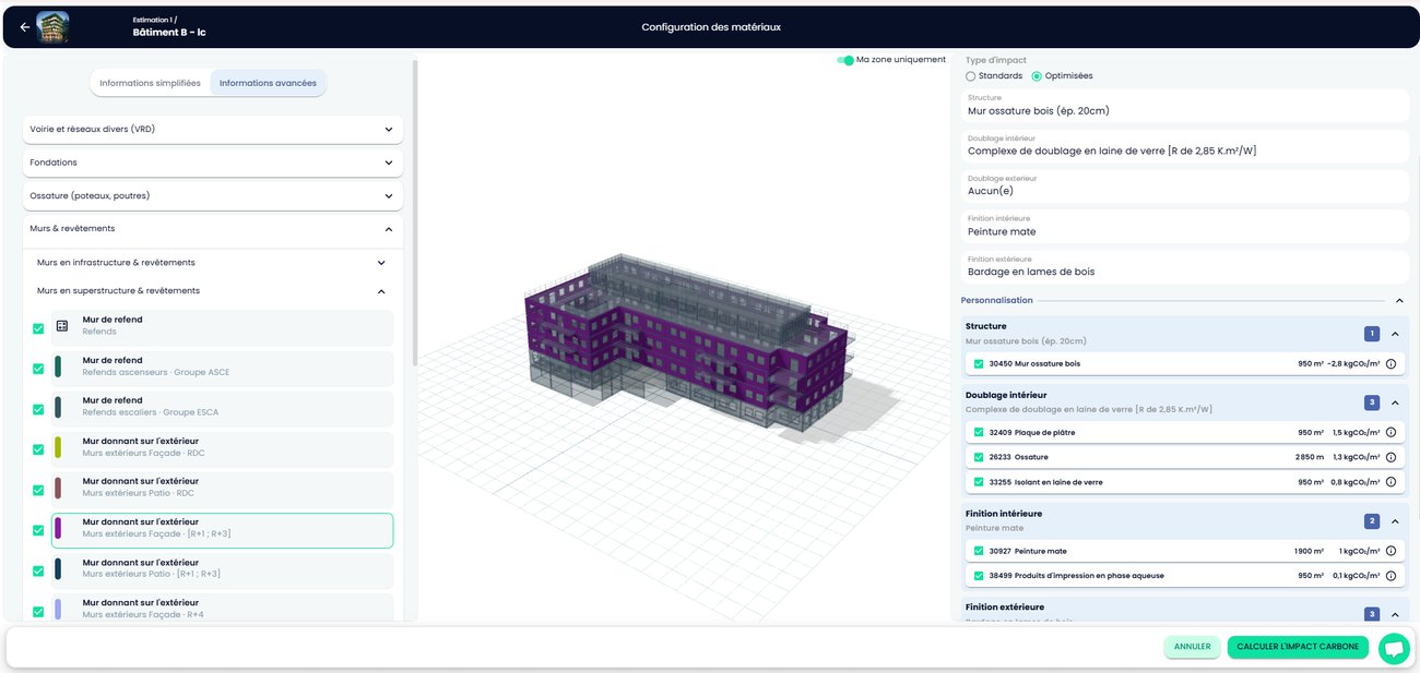 Configuration des matériaux dans Time To Beem : bâtiment en 3D, système constructif par menus et fiches FDES avec leurs quantités