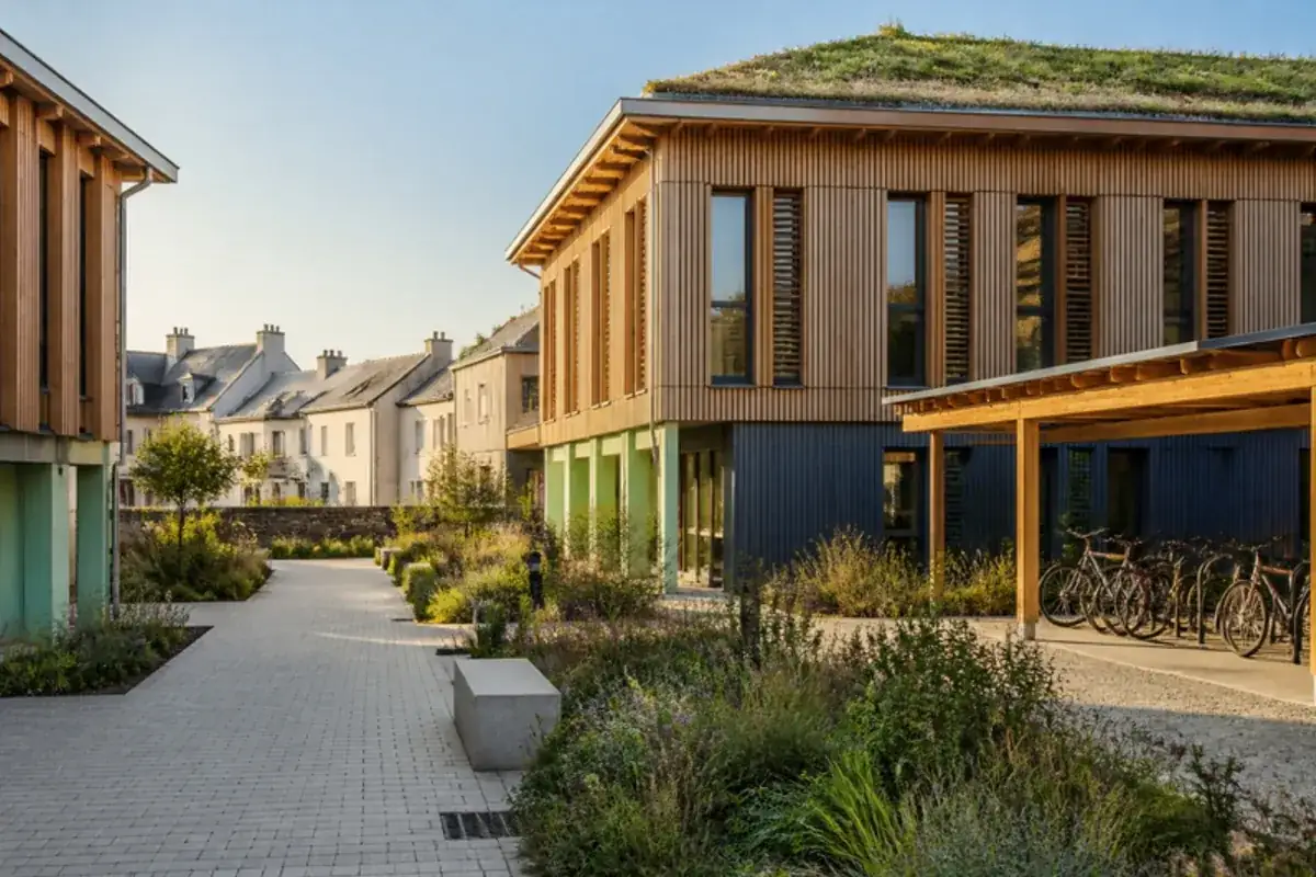 Bâtiment contemporain à façade bois, toiture végétalisée et brise-soleil