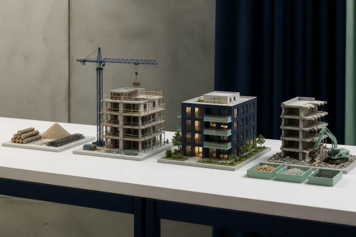 Cycle de vie d'un bâtiment en quatre maquettes : matériaux, chantier, usage, déconstruction