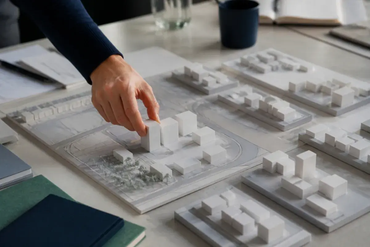 Main déplaçant des volumes blancs sur une maquette de site en phase de faisabilité