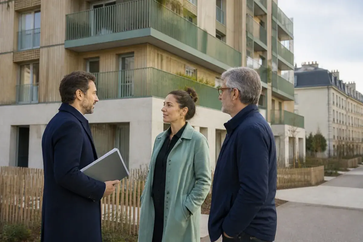 Promoteur, architecte et ingénieure devant un immeuble bas carbone récemment livré