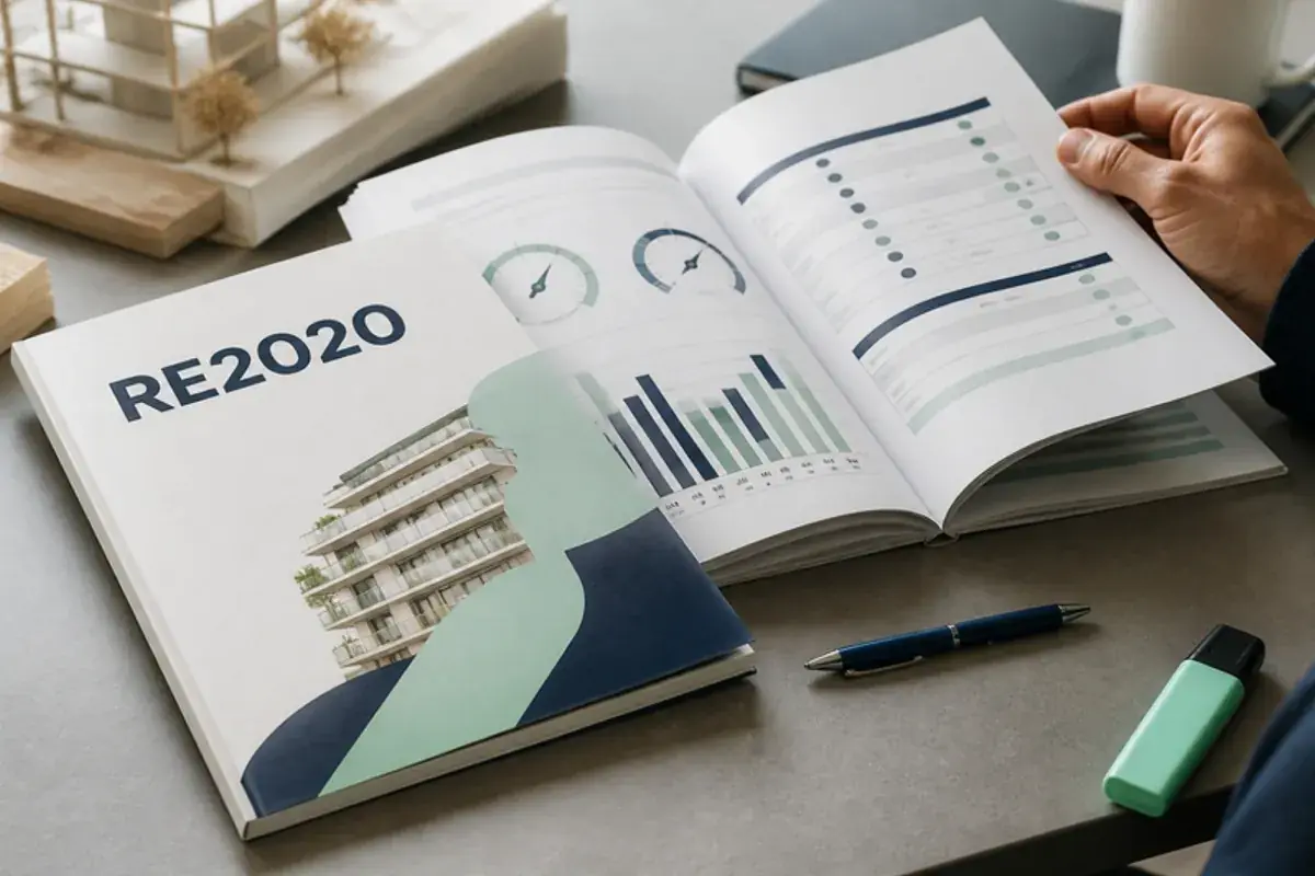 Rapport d'étude RE2020 ouvert sur ses jauges et indicateurs, feuilleté par un maître d'ouvrage