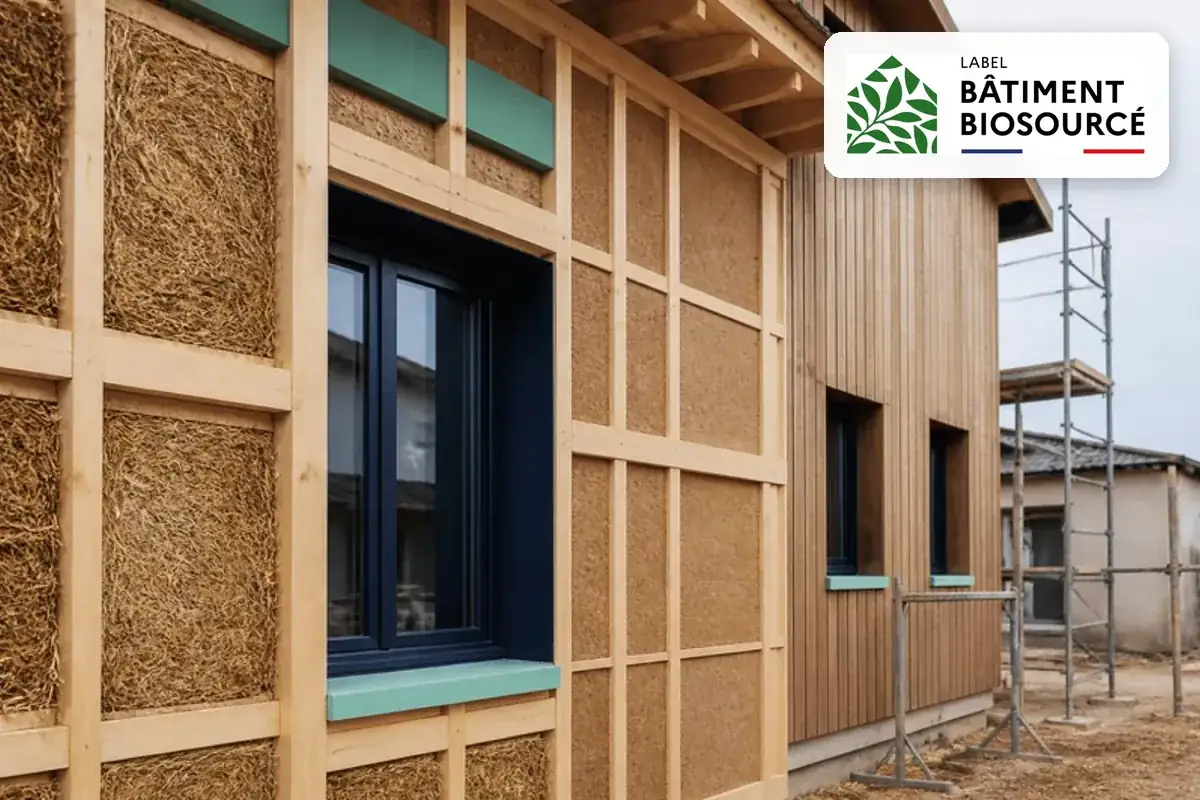 Maison à ossature bois isolée en paille et fibre de bois en chantier, logo du label Bâtiment Biosourcé