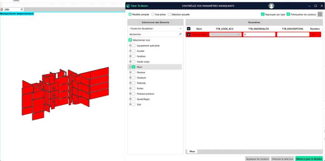 Contrôle des paramètres manquants : les murs sans code ACV apparaissent en rouge dans le modèle 3D