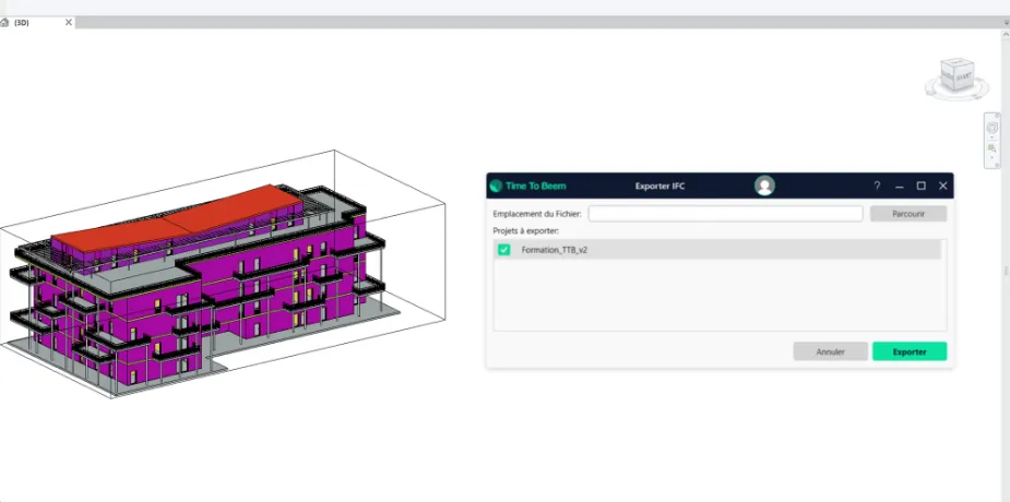 Fenêtre d'export du modèle depuis Revit vers la plateforme Time To Beem
