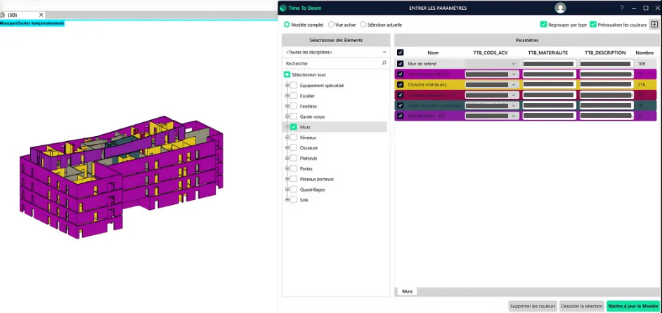 Fenêtre Entrer les paramètres du plugin Time To Beem dans Revit : codes ACV affectés par type de mur, éléments colorés dans la vue 3D