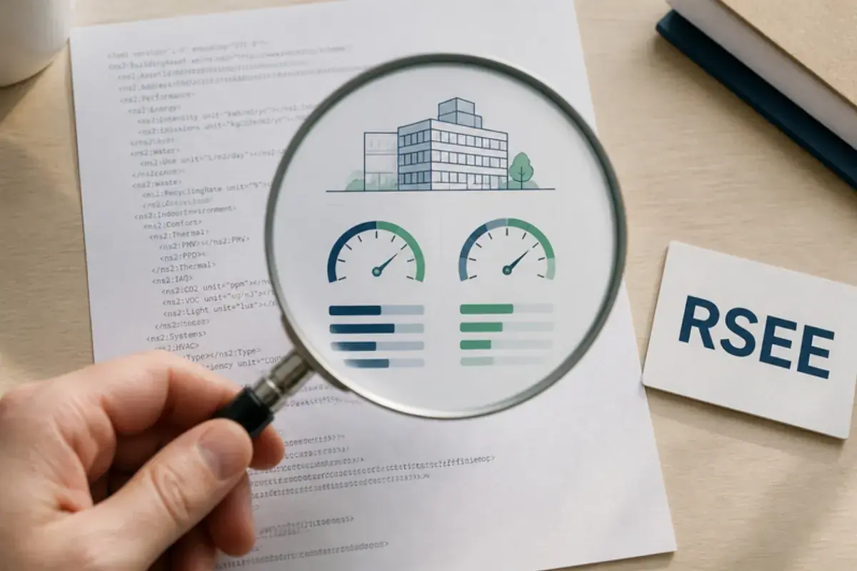 Loupe au-dessus d'un fichier RSEE en code, qui révèle un résumé lisible avec jauges et indicateurs